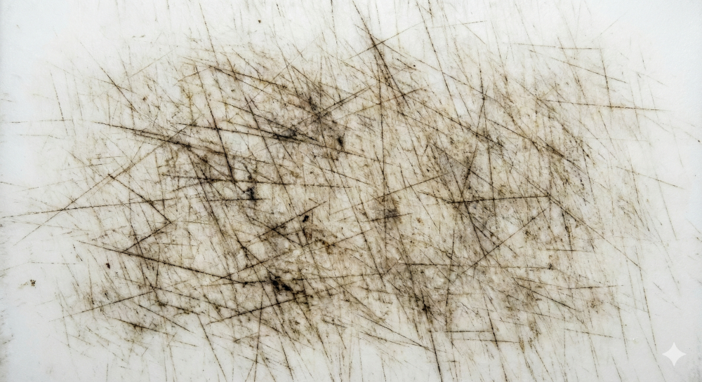 A macro view of a heavily used, white plastic commercial cutting board. The surface is deeply scored with hundreds of intersecting knife cuts and dark stains, illustrating the physical degradation where bacteria hide and microplastics shed in professional kitchens.